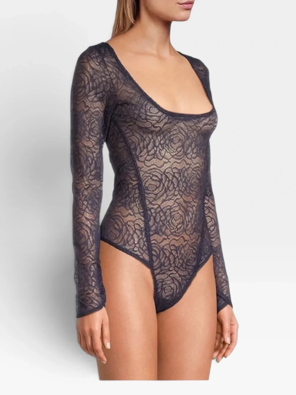 FREE PEOPLE In My Head Sheer Lace Bodysuit Navy